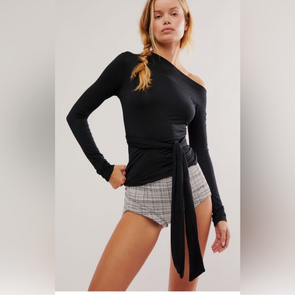Free People Black Asymmetrical Long Sleeve Top